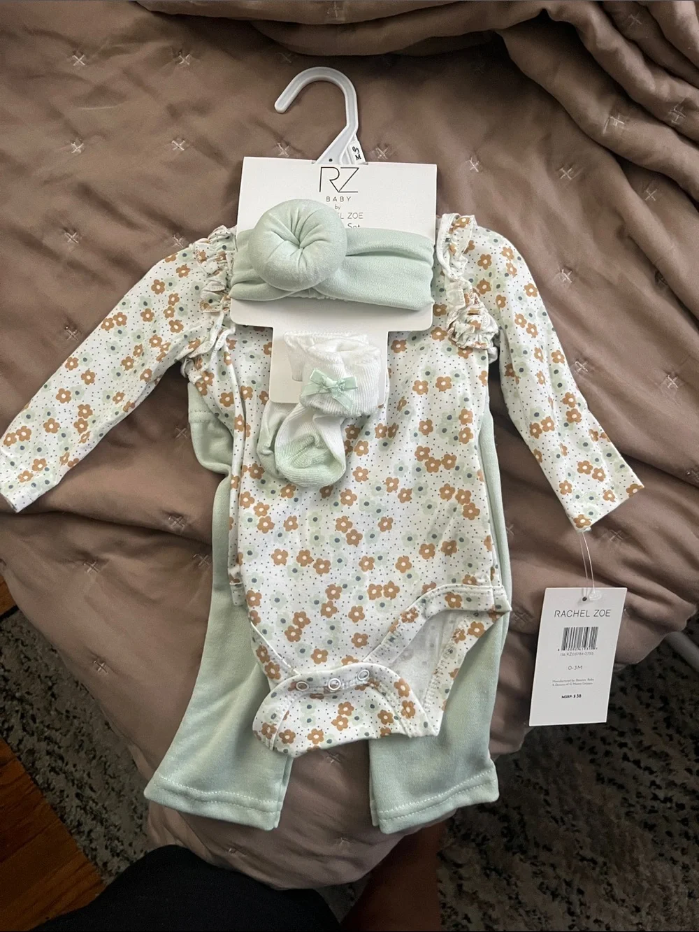 Rachel Zoe Mint and Floral Baby 3-Piece Outfit with Headband